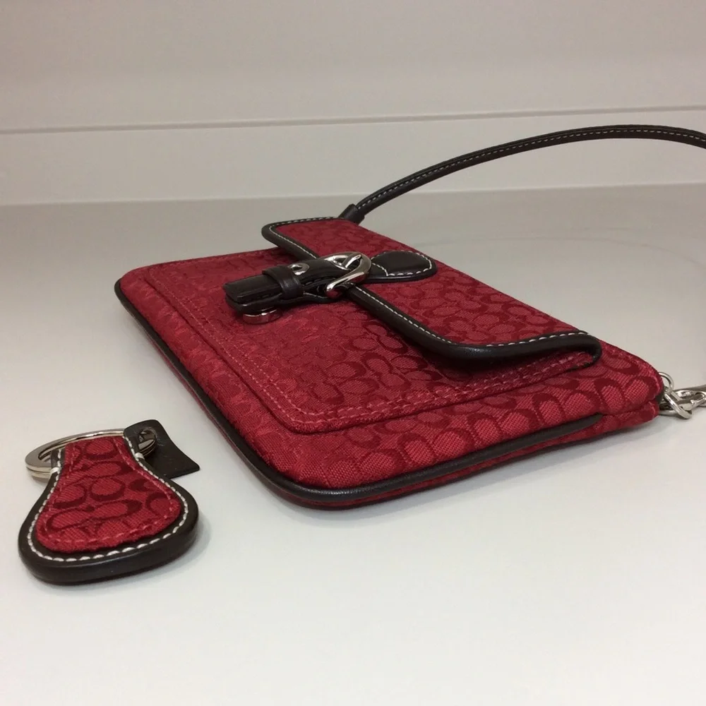 ✨ Coach Vintage Y2K Wristlet Red Brown Leather Trim Pouch Authentic Key Fob Set